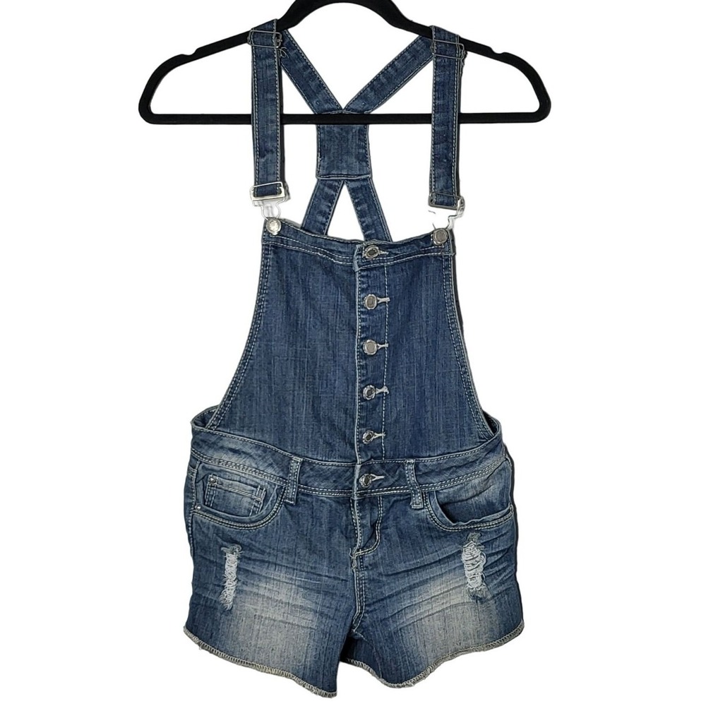 Almost Famous Denim Blue Jean Distressed Shortalls 3 Y2K Overalls Casual Summer